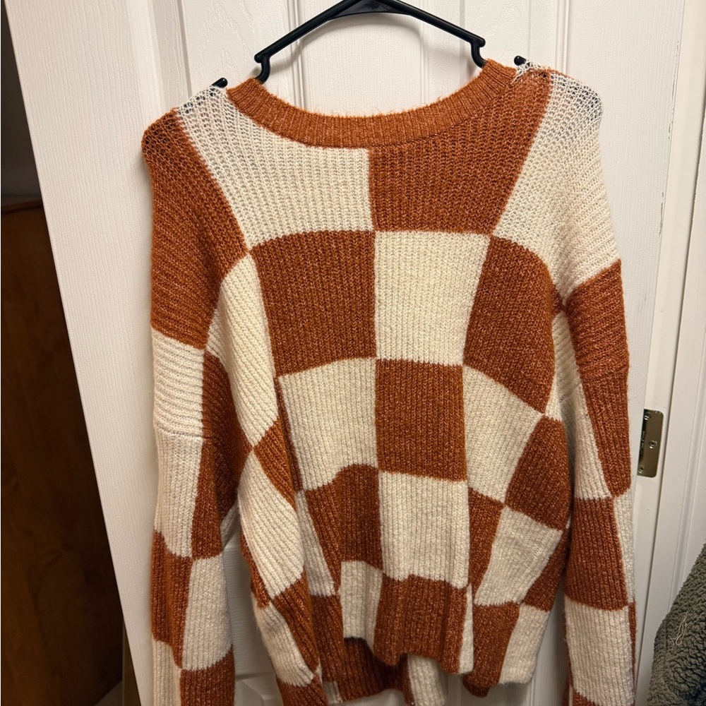 Pink Lily Checkered Knit Sweater in Orange and Cream